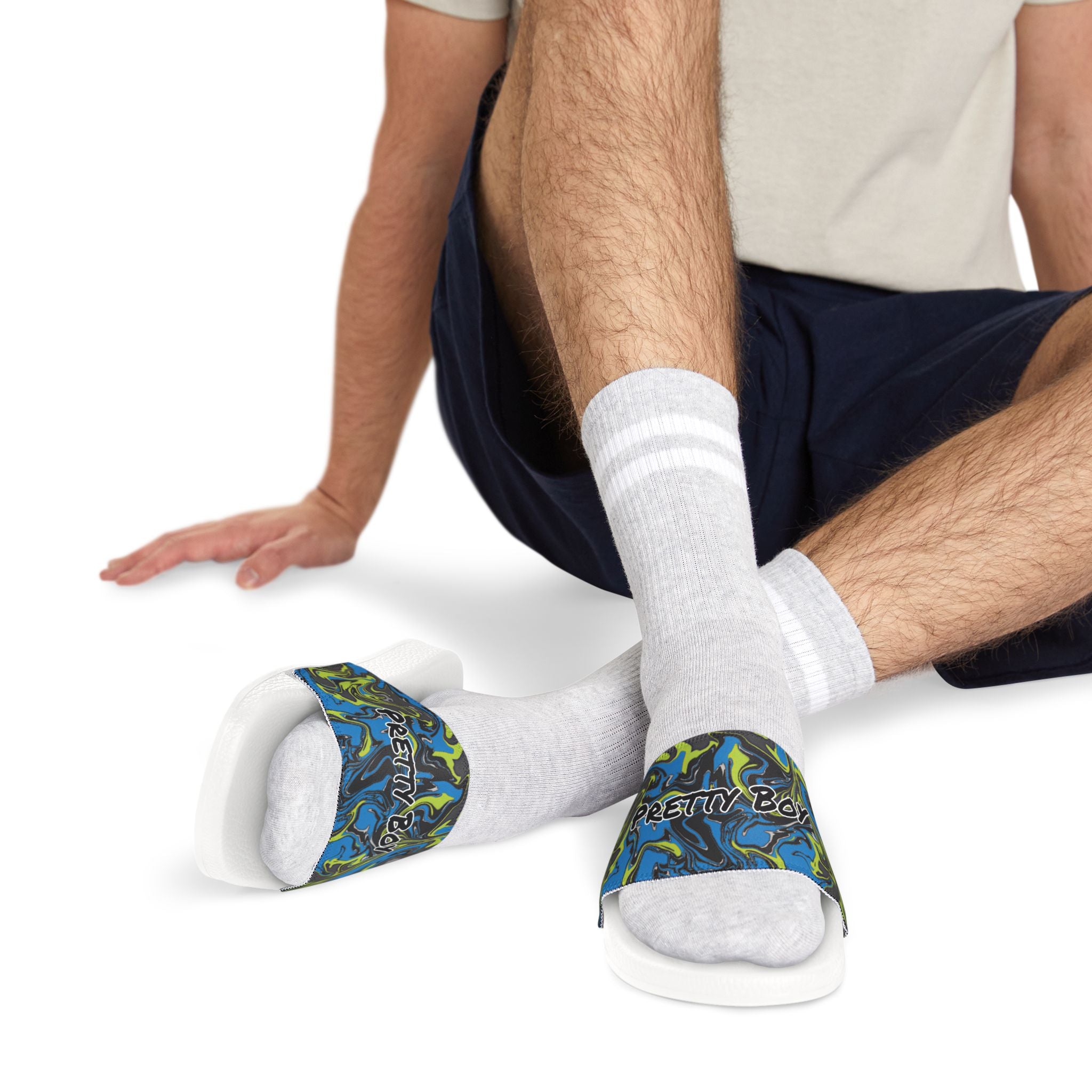 Slide Sandals — White Removable‑Strap Slides with 'Pretty Boy' Text