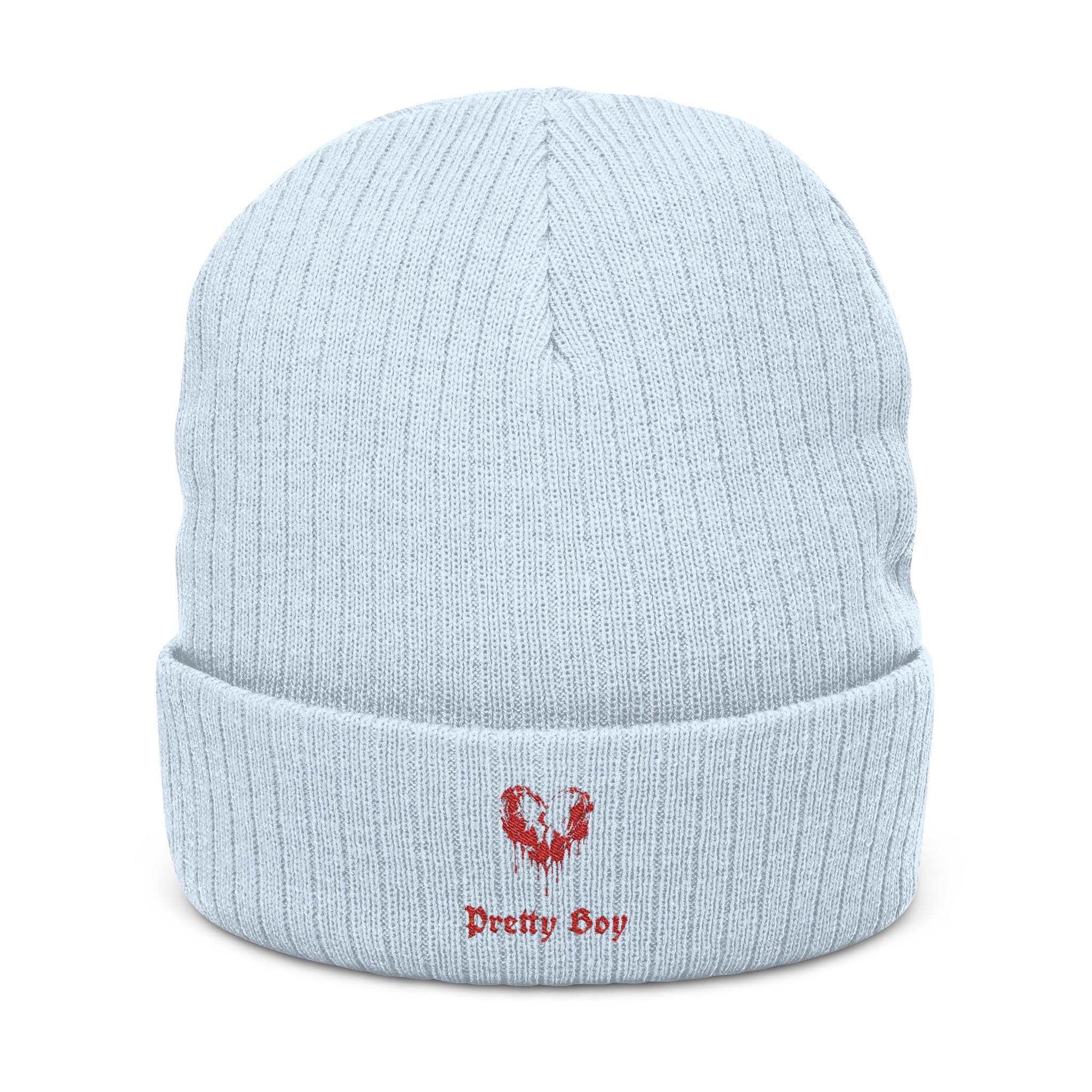Embroidered "Pretty Boy" Red Heart Beanie - Ribbed Knit Cuffed Winter Hat
