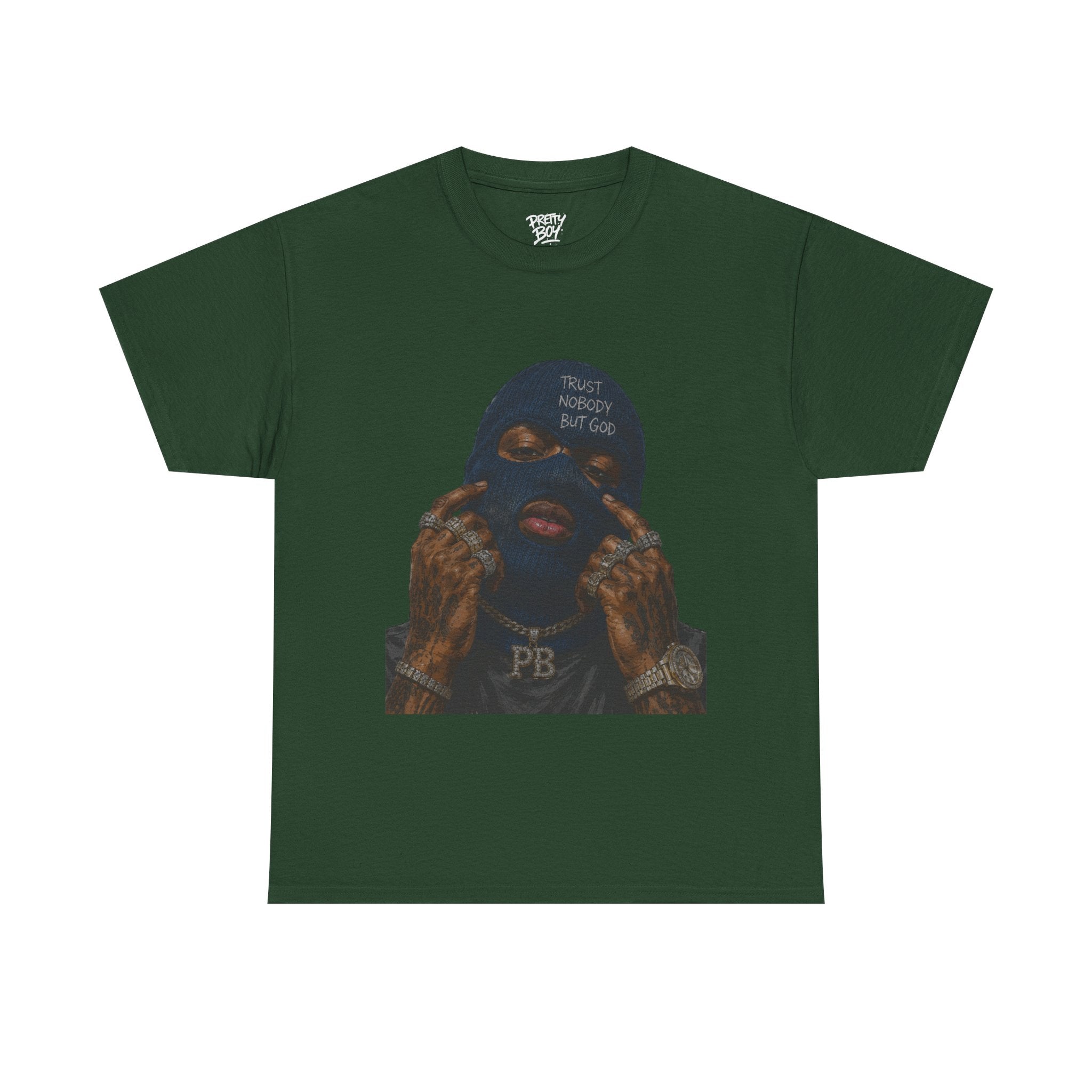 Graphic Tee — Masked Portrait with 'PB' Tattoo Streetwear