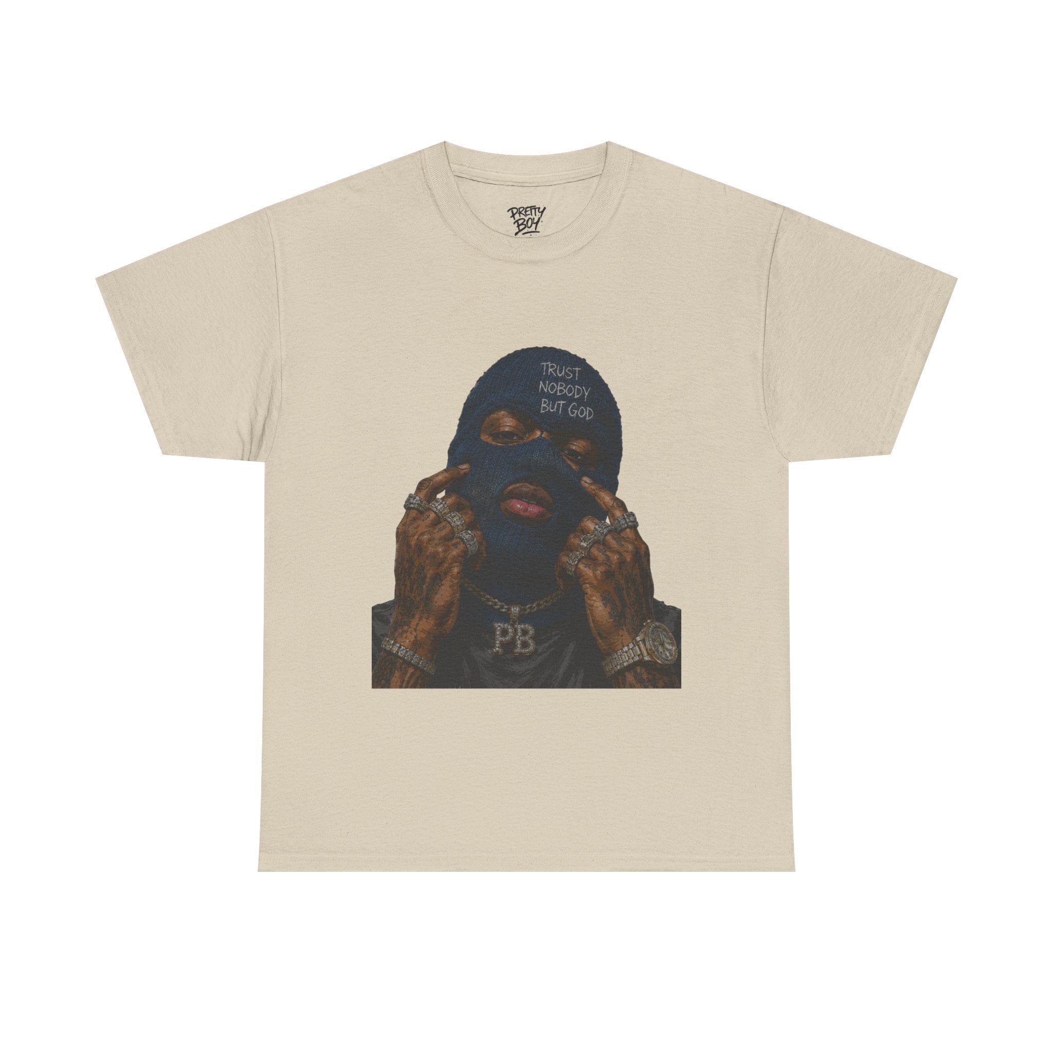 Graphic Tee — Masked Portrait with 'PB' Tattoo Streetwear
