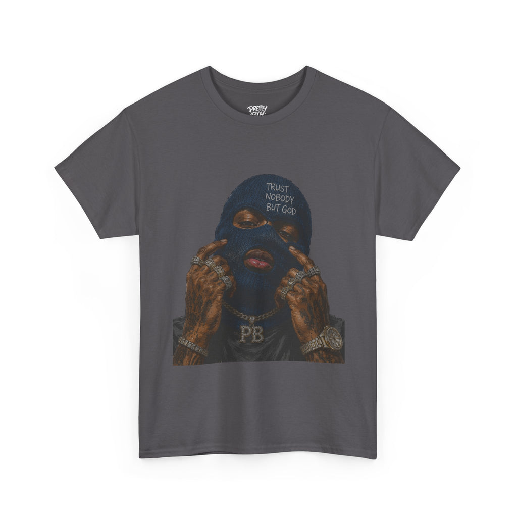 Graphic Tee — Masked Portrait with 'PB' Tattoo Streetwear