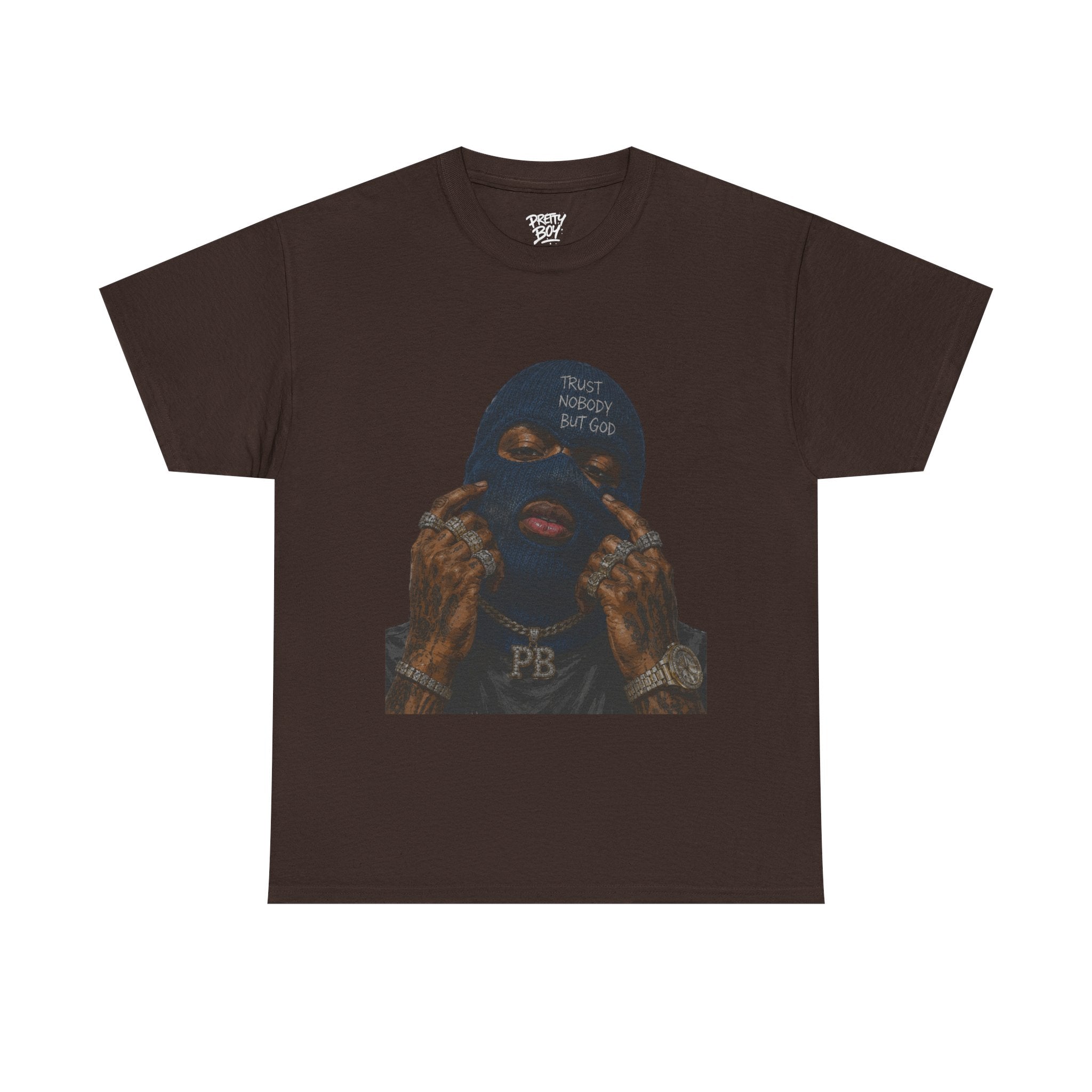 Graphic Tee — Masked Portrait with 'PB' Tattoo Streetwear
