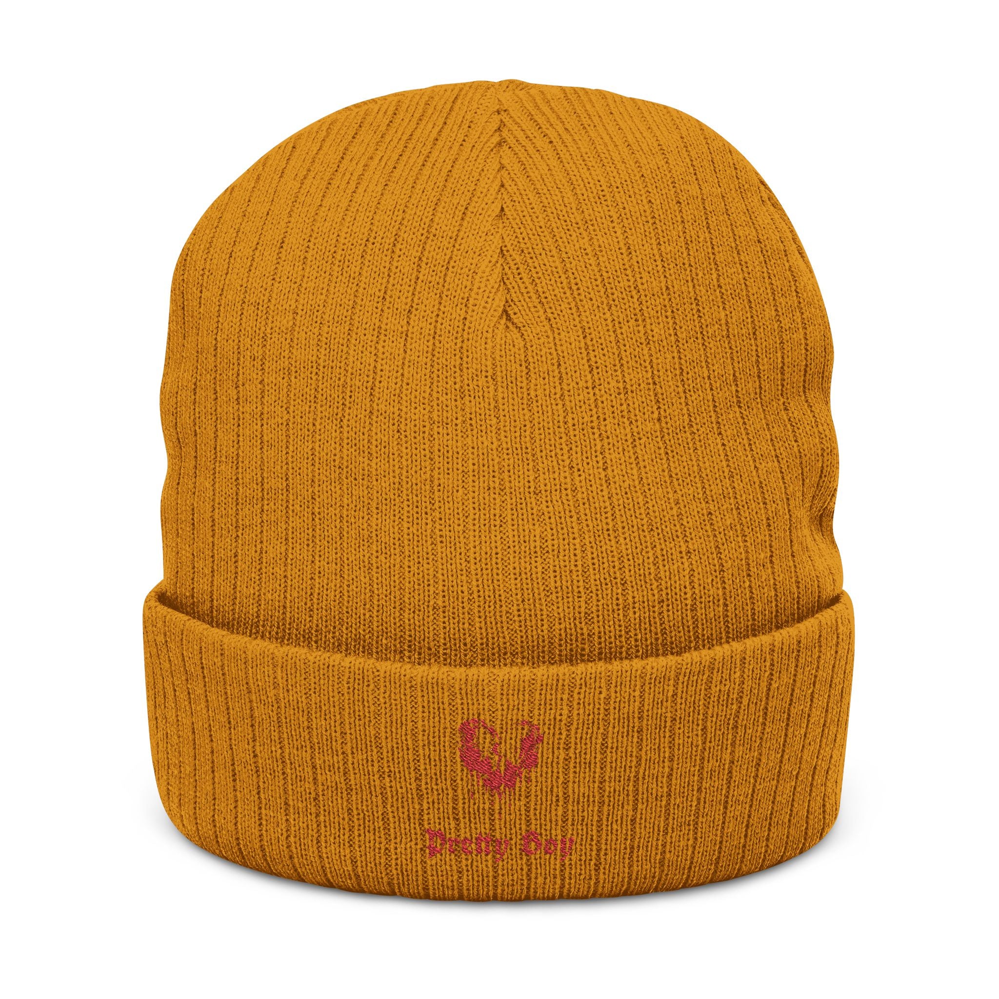 Embroidered "Pretty Boy" Red Heart Beanie - Ribbed Knit Cuffed Winter Hat