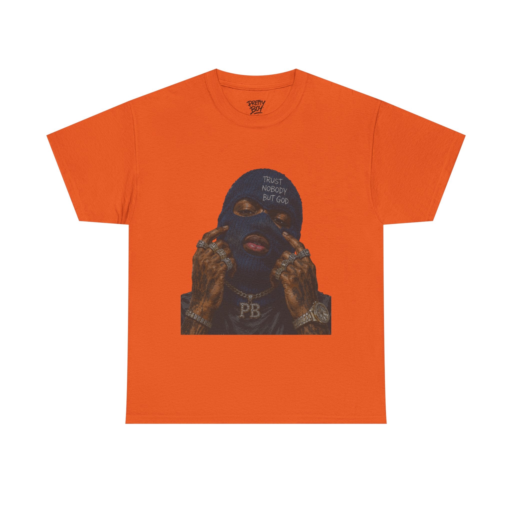 Graphic Tee — Masked Portrait with 'PB' Tattoo Streetwear