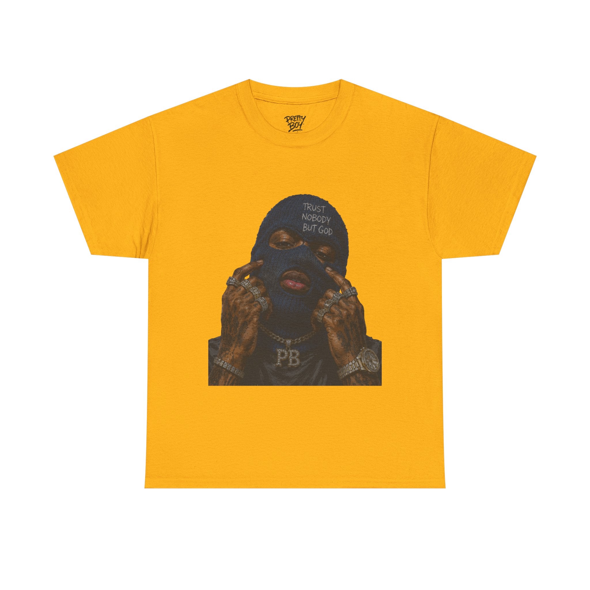 Graphic Tee — Masked Portrait with 'PB' Tattoo Streetwear