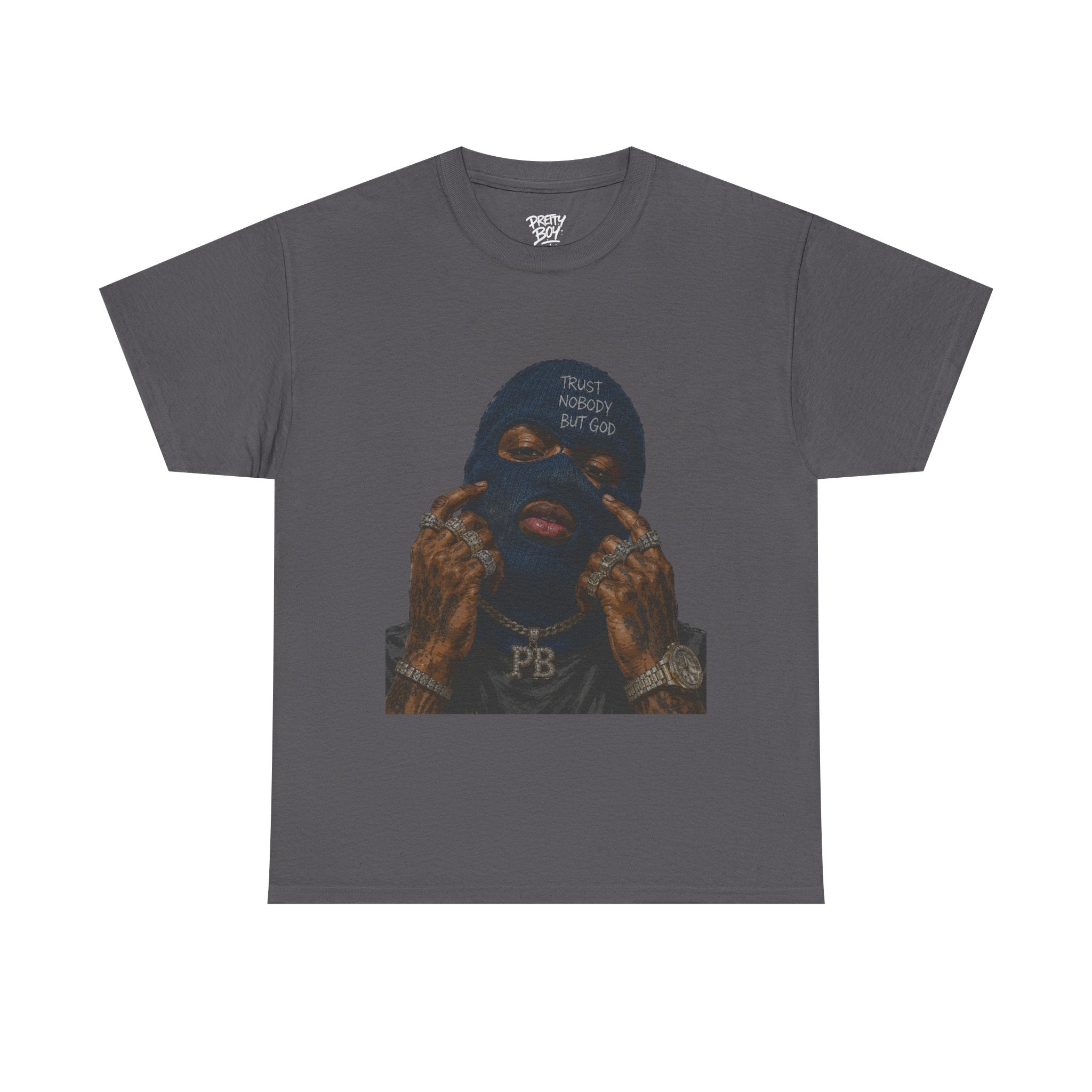 Graphic Tee — Masked Portrait with 'PB' Tattoo Streetwear