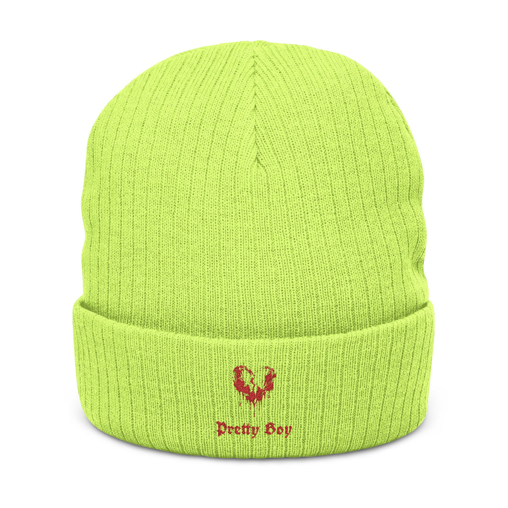 Embroidered "Pretty Boy" Red Heart Beanie - Ribbed Knit Cuffed Winter Hat