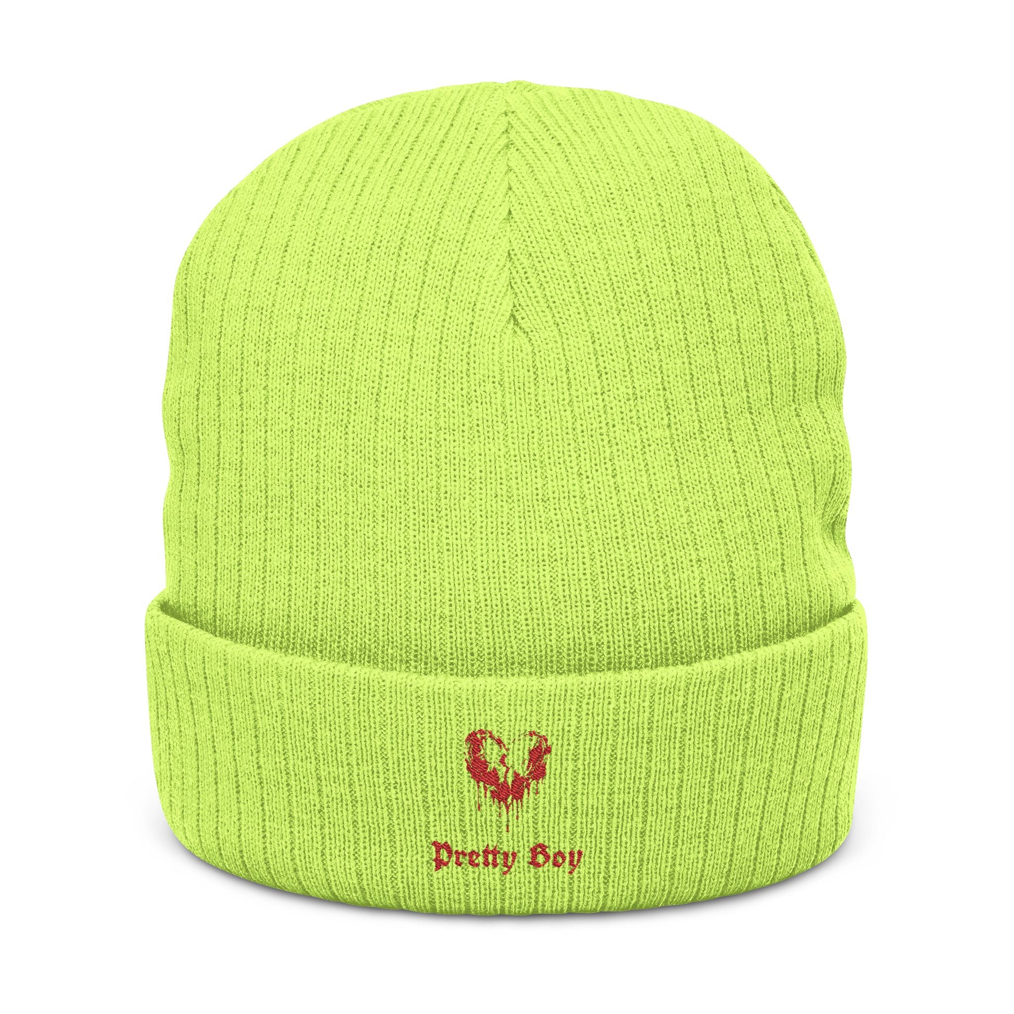 Embroidered "Pretty Boy" Red Heart Beanie - Ribbed Knit Cuffed Winter Hat