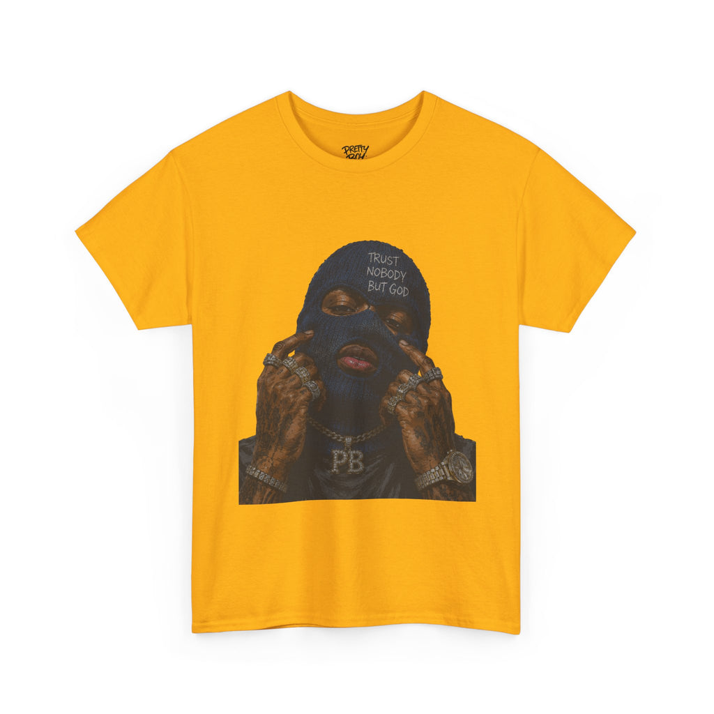 Graphic Tee — Masked Portrait with 'PB' Tattoo Streetwear