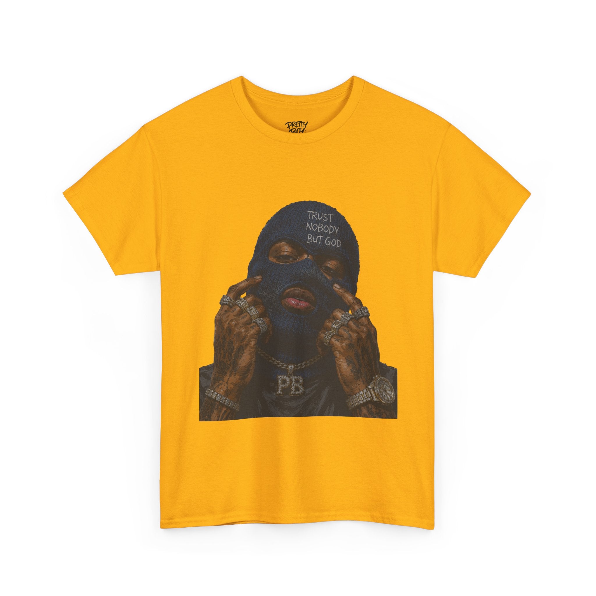 Graphic Tee — Masked Portrait with 'PB' Tattoo Streetwear