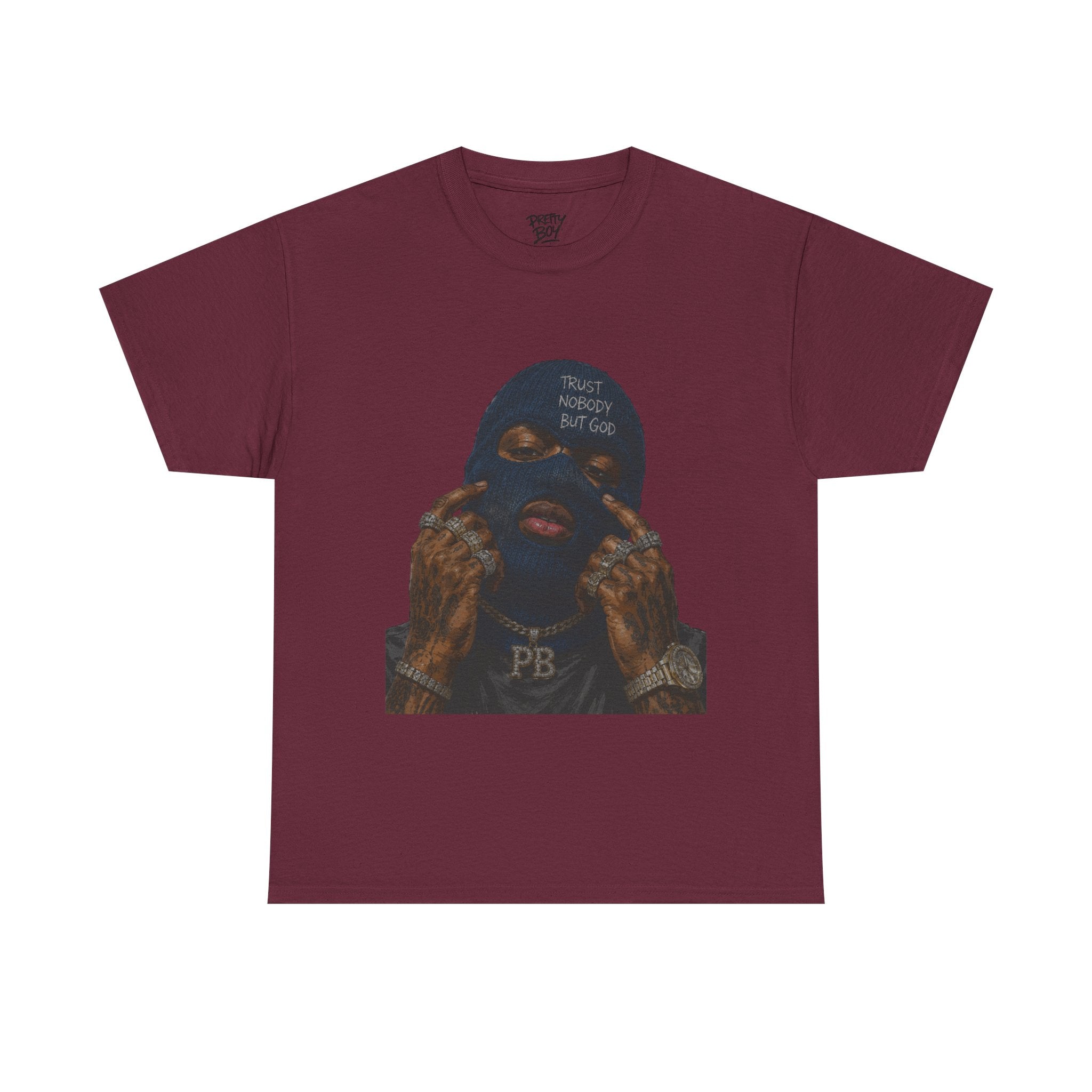 Graphic Tee — Masked Portrait with 'PB' Tattoo Streetwear