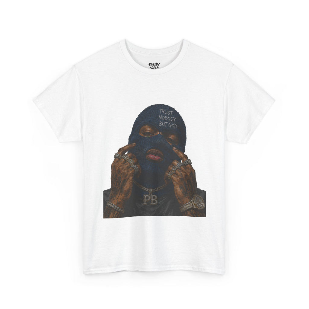 Graphic Tee — Masked Portrait with 'PB' Tattoo Streetwear