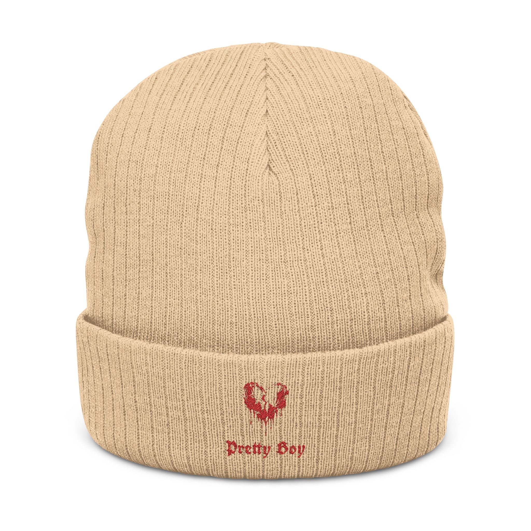 Embroidered "Pretty Boy" Red Heart Beanie - Ribbed Knit Cuffed Winter Hat