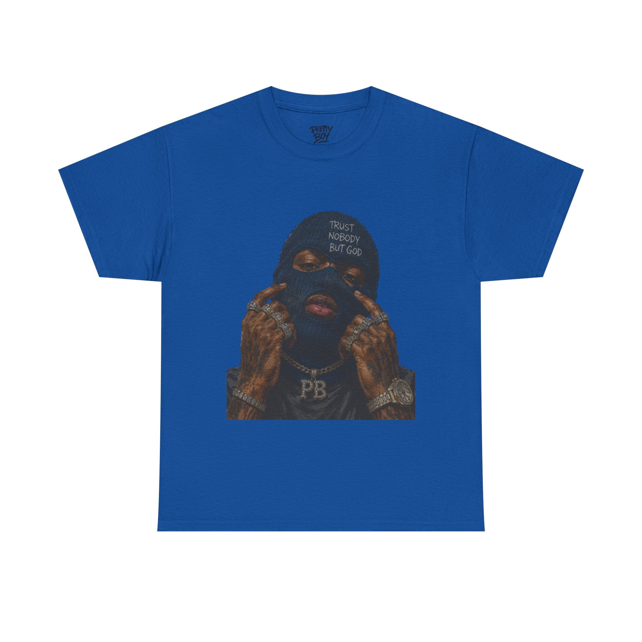 Graphic Tee — Masked Portrait with 'PB' Tattoo Streetwear