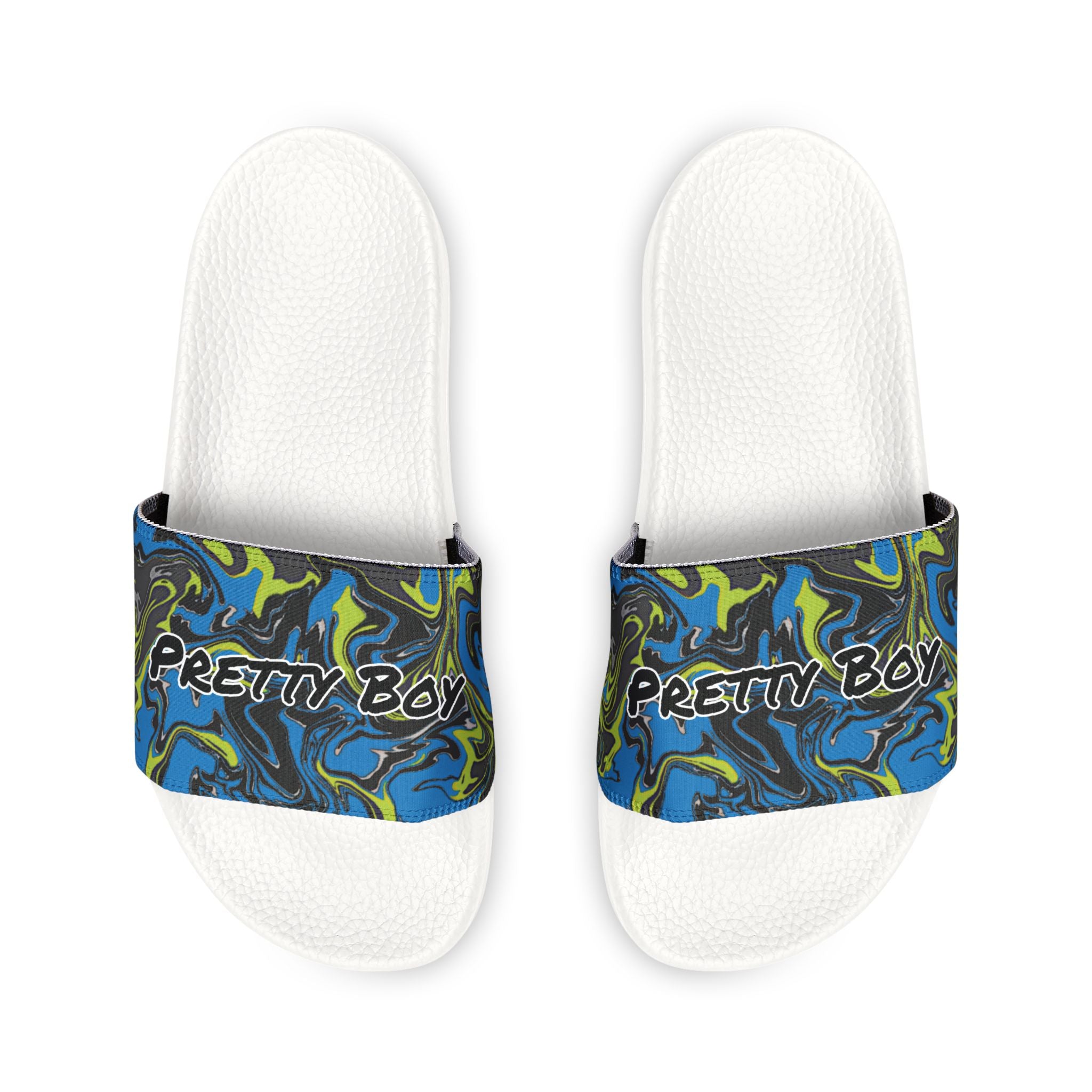Slide Sandals — White Removable‑Strap Slides with 'Pretty Boy' Text