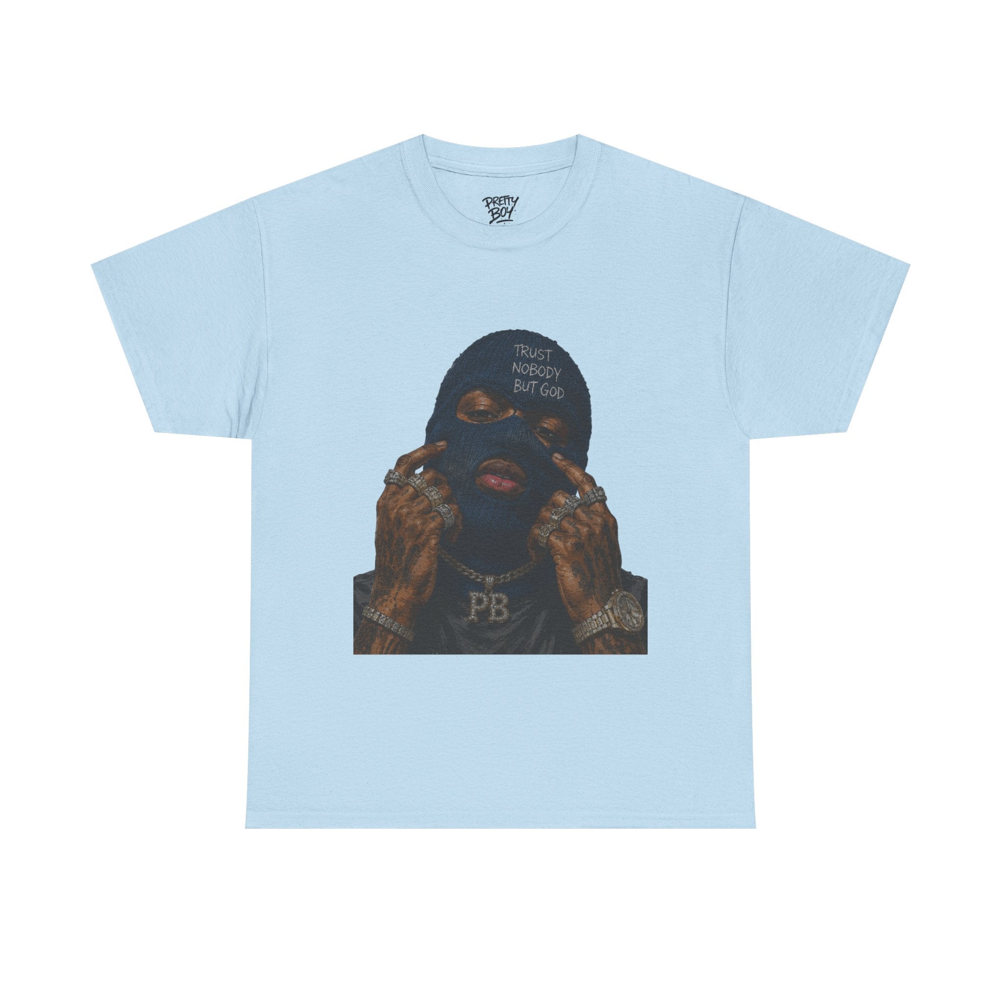 Graphic Tee — Masked Portrait with 'PB' Tattoo Streetwear