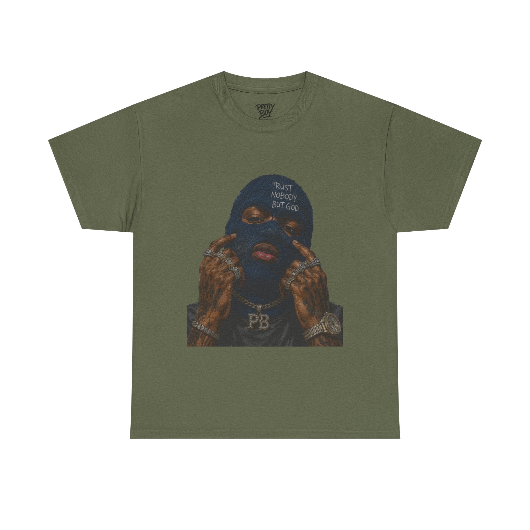 Graphic Tee — Masked Portrait with 'PB' Tattoo Streetwear