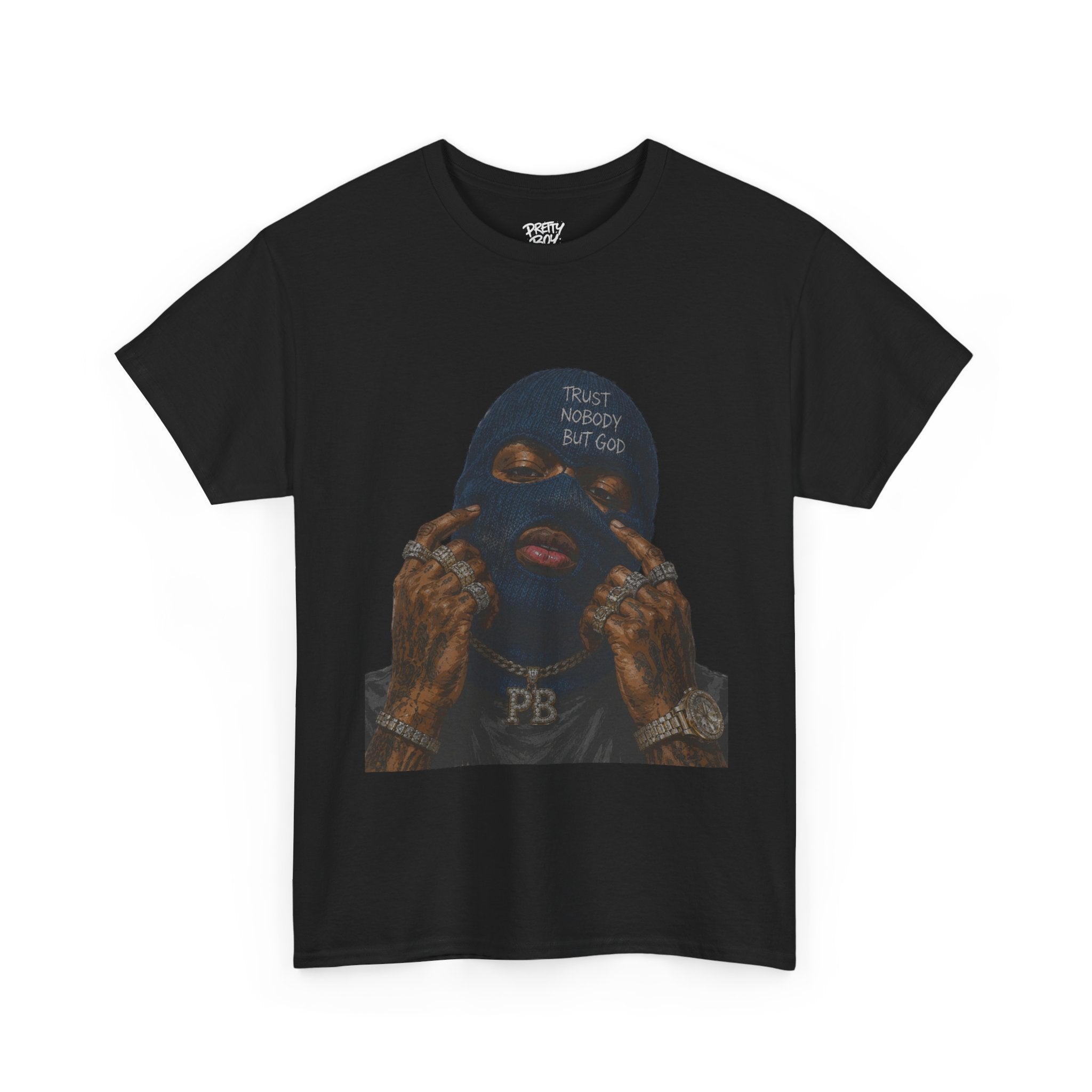 Graphic Tee — Masked Portrait with 'PB' Tattoo Streetwear