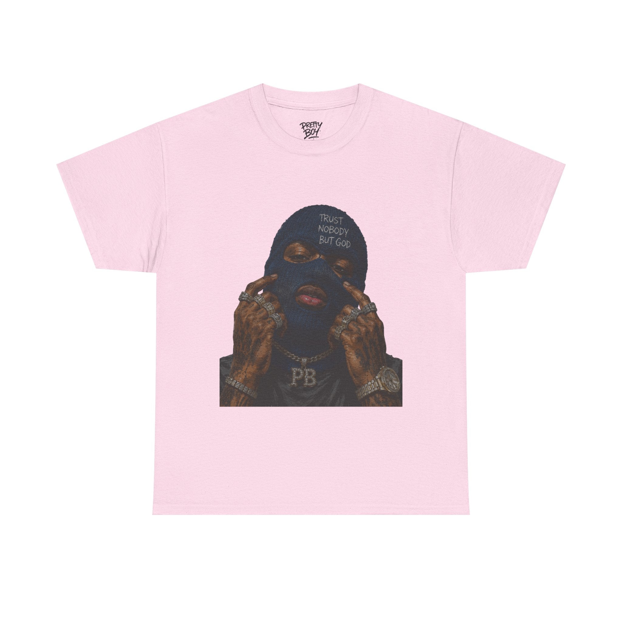 Graphic Tee — Masked Portrait with 'PB' Tattoo Streetwear