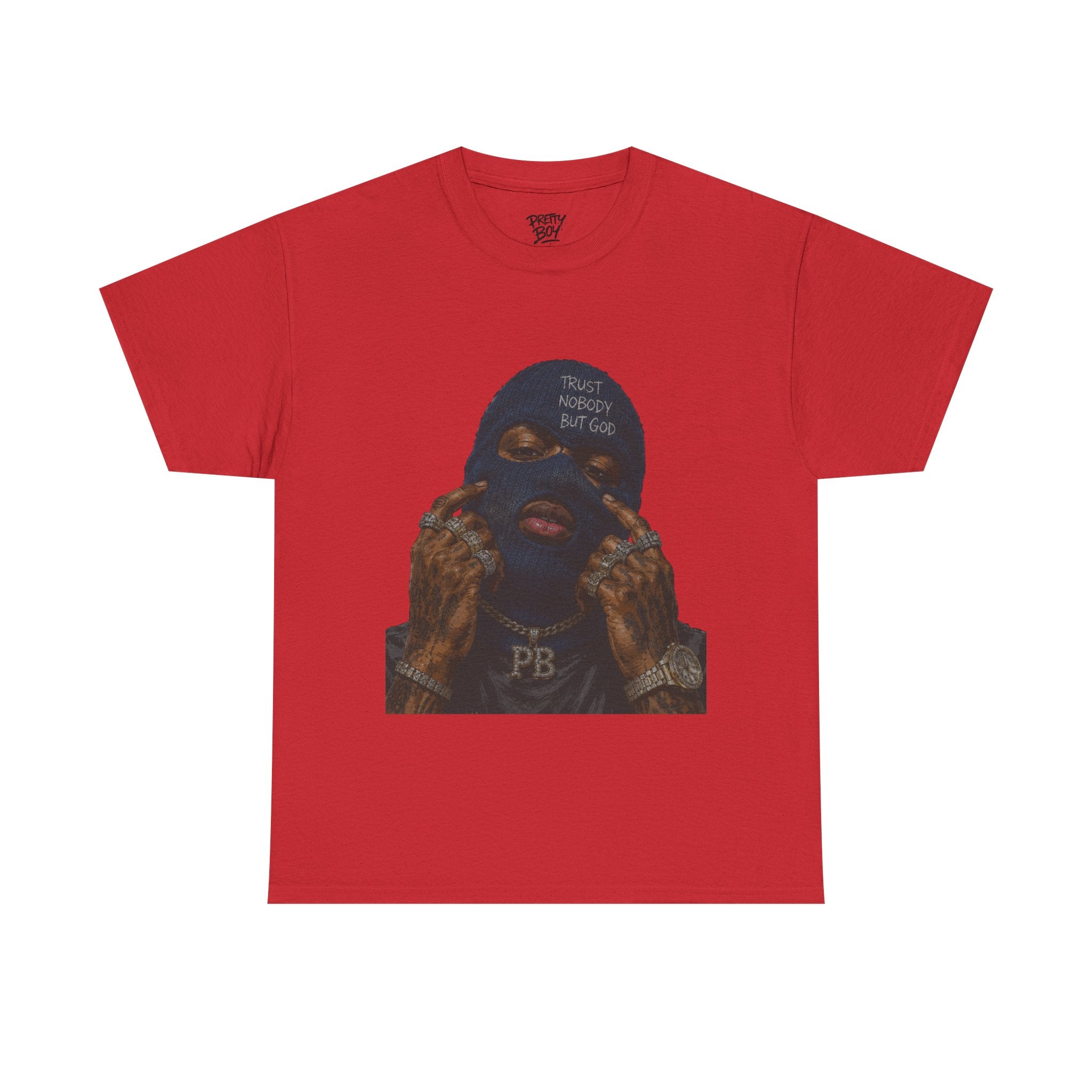 Graphic Tee — Masked Portrait with 'PB' Tattoo Streetwear