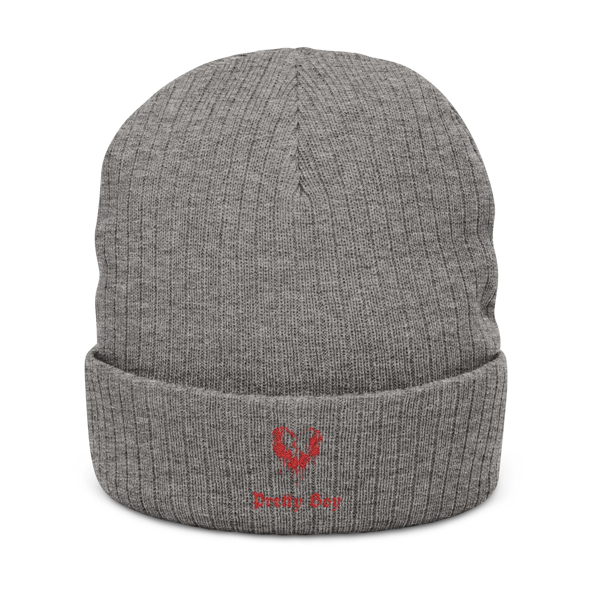 Embroidered "Pretty Boy" Red Heart Beanie - Ribbed Knit Cuffed Winter Hat