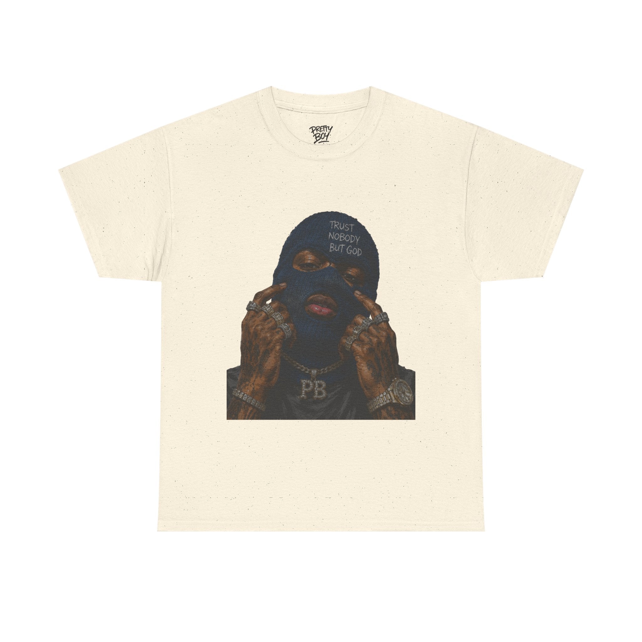 Graphic Tee — Masked Portrait with 'PB' Tattoo Streetwear
