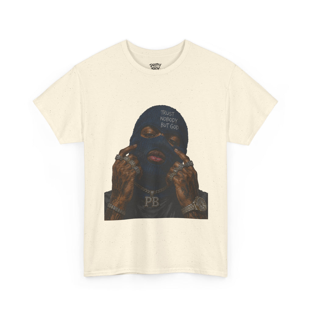 Graphic Tee — Masked Portrait with 'PB' Tattoo Streetwear