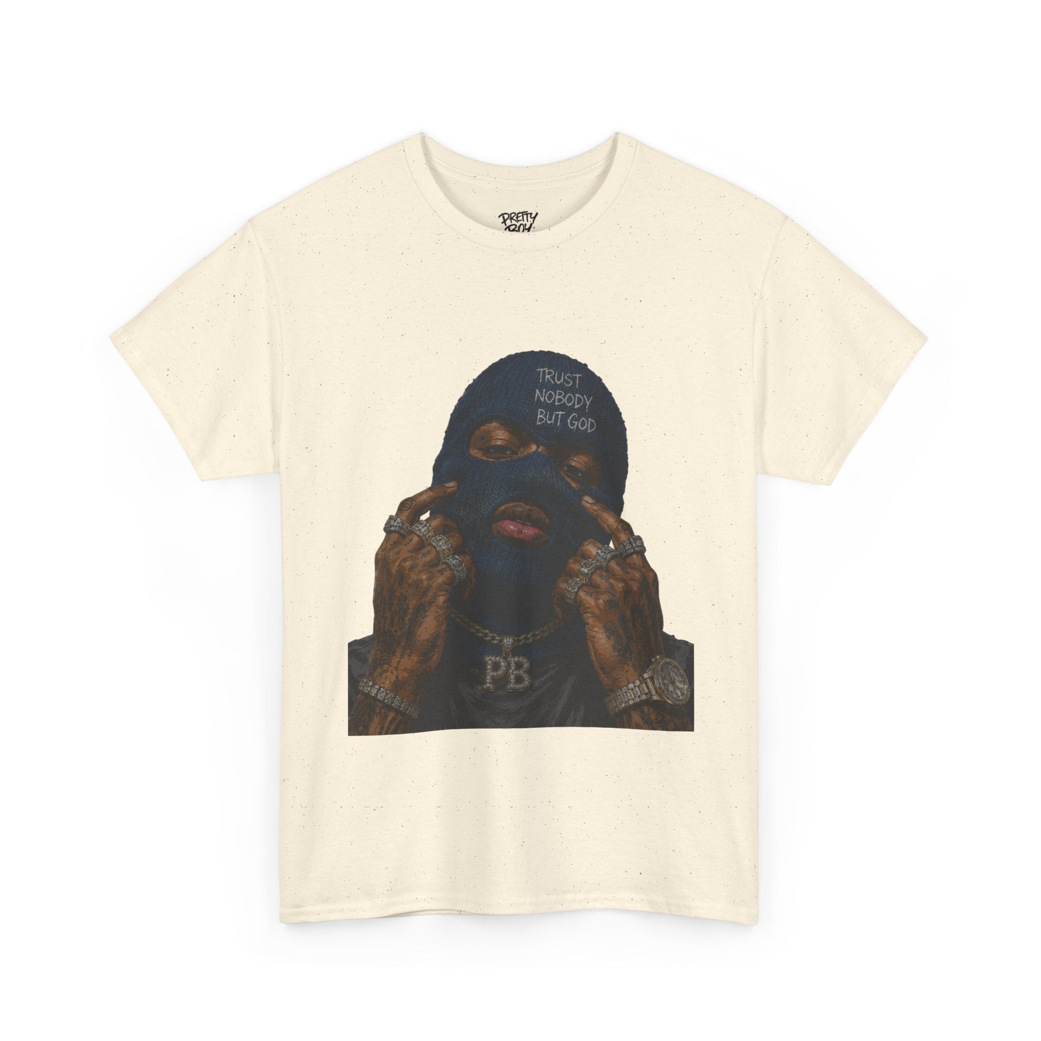Graphic Tee — Masked Portrait with 'PB' Tattoo Streetwear