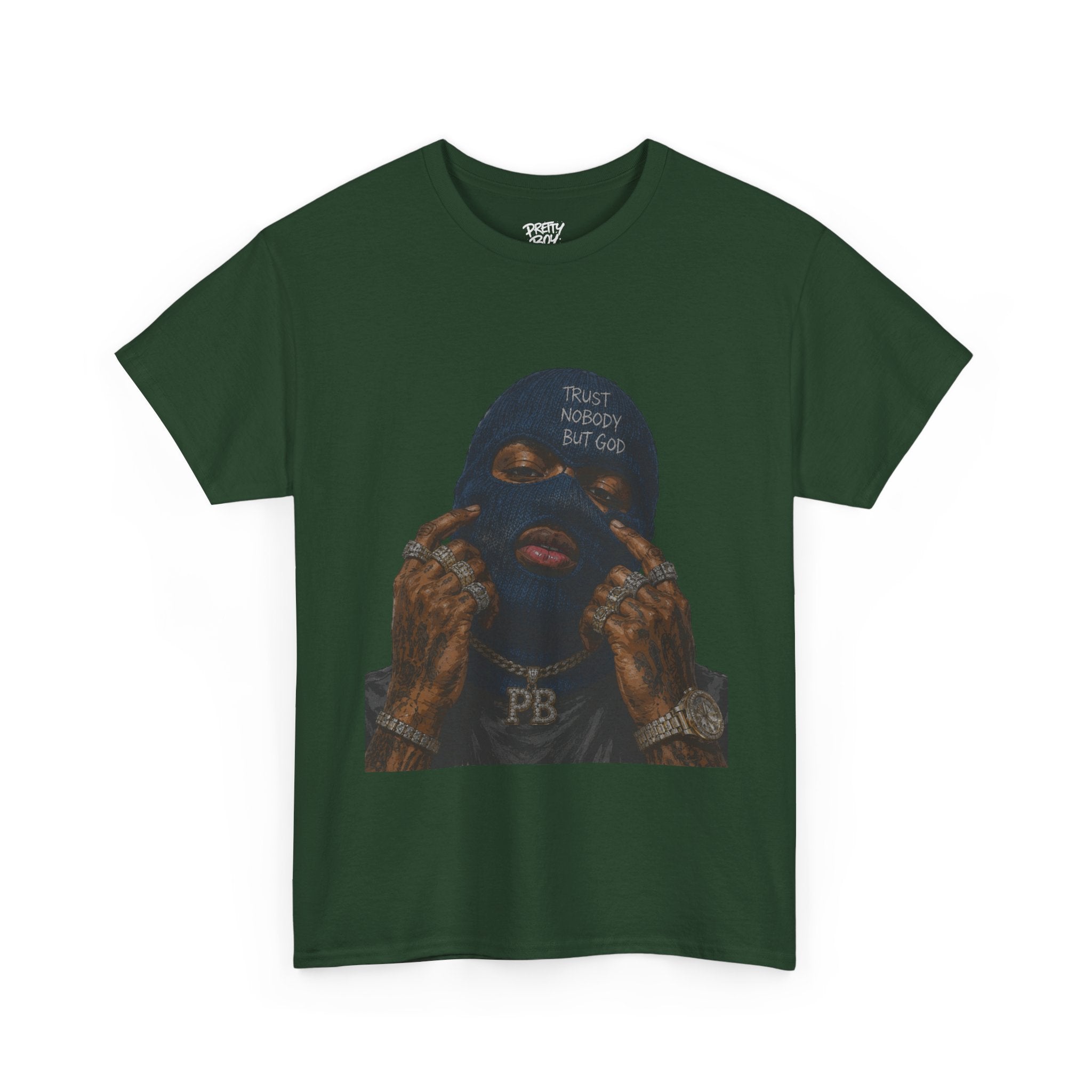 Graphic Tee — Masked Portrait with 'PB' Tattoo Streetwear