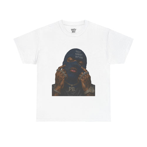 Graphic Tee — Masked Portrait with 'PB' Tattoo Streetwear