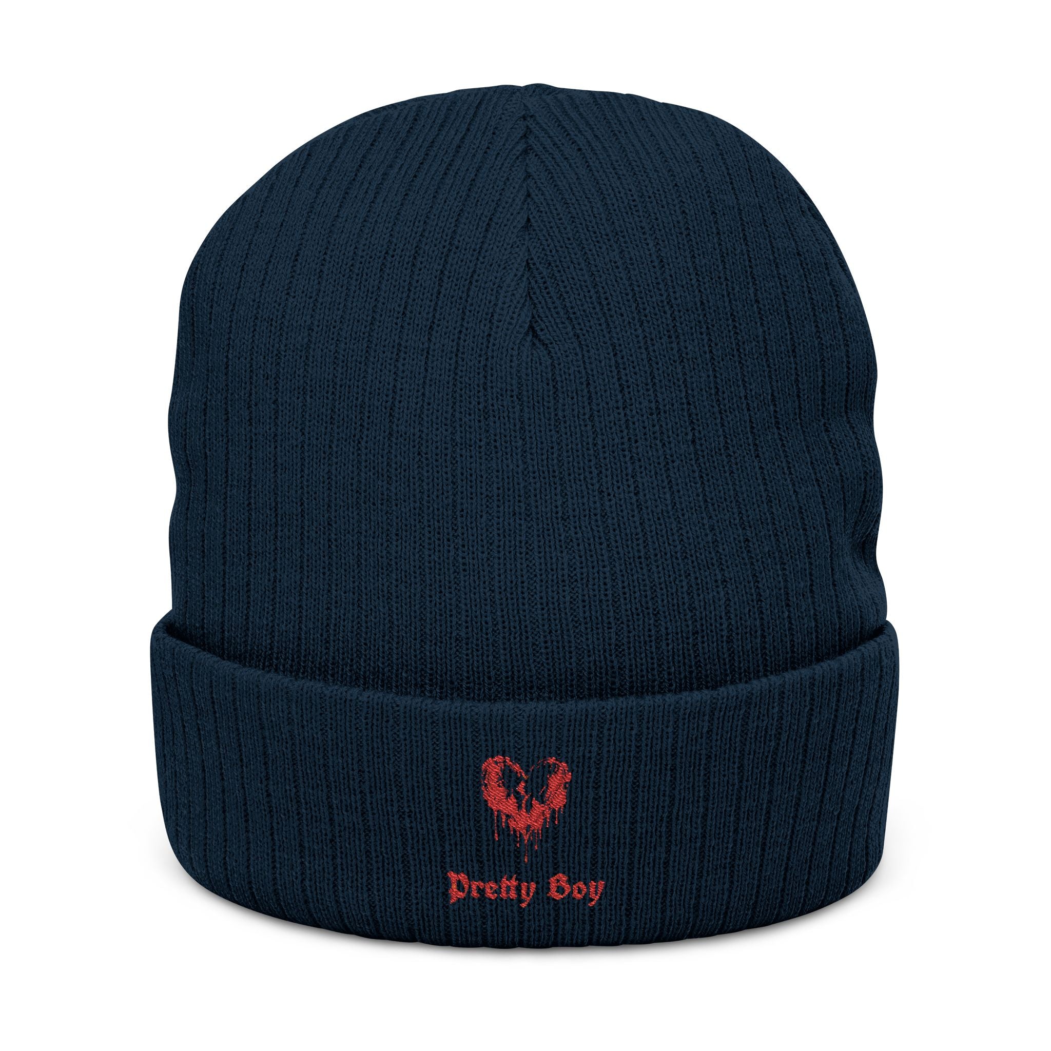 Embroidered "Pretty Boy" Red Heart Beanie - Ribbed Knit Cuffed Winter Hat