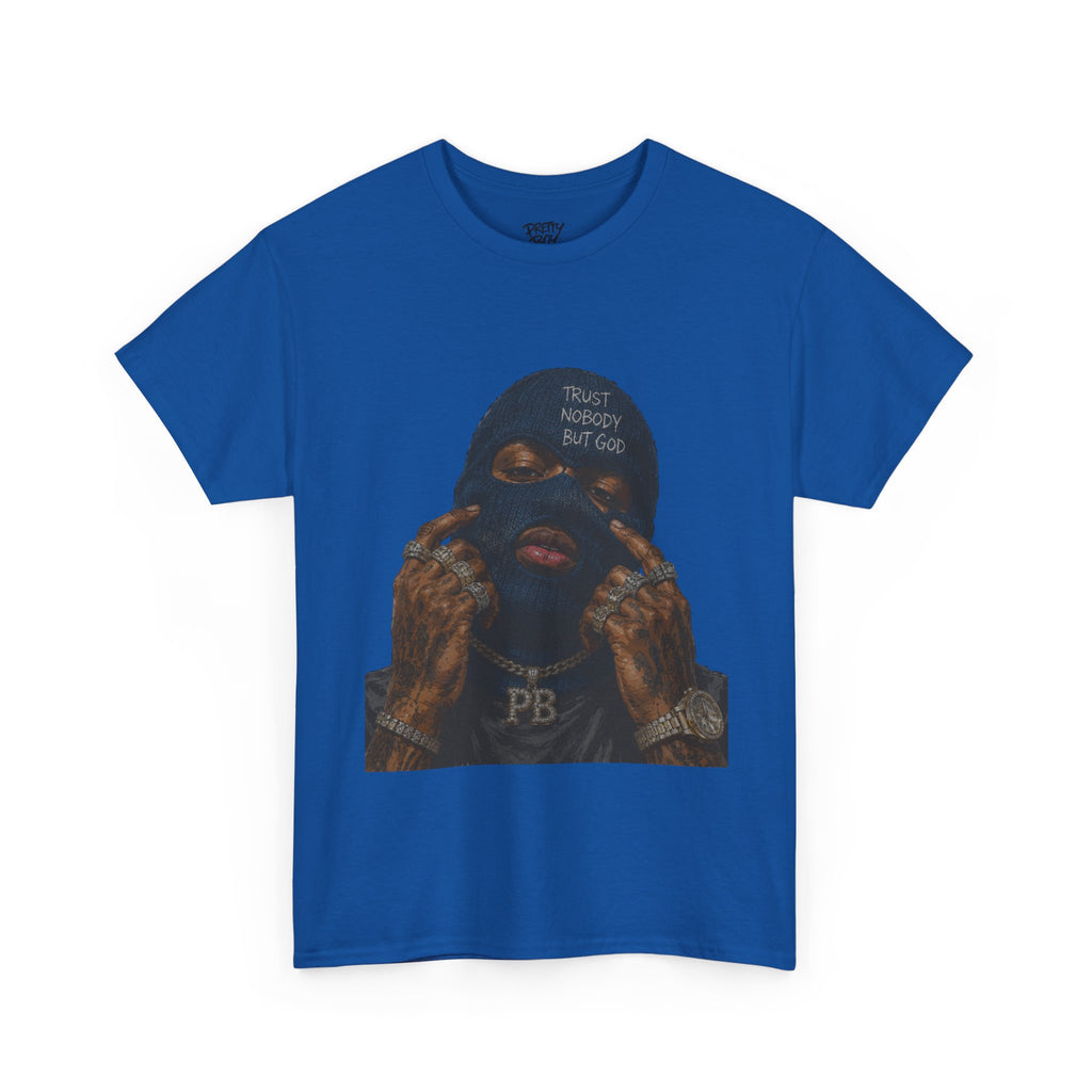 Graphic Tee — Masked Portrait with 'PB' Tattoo Streetwear
