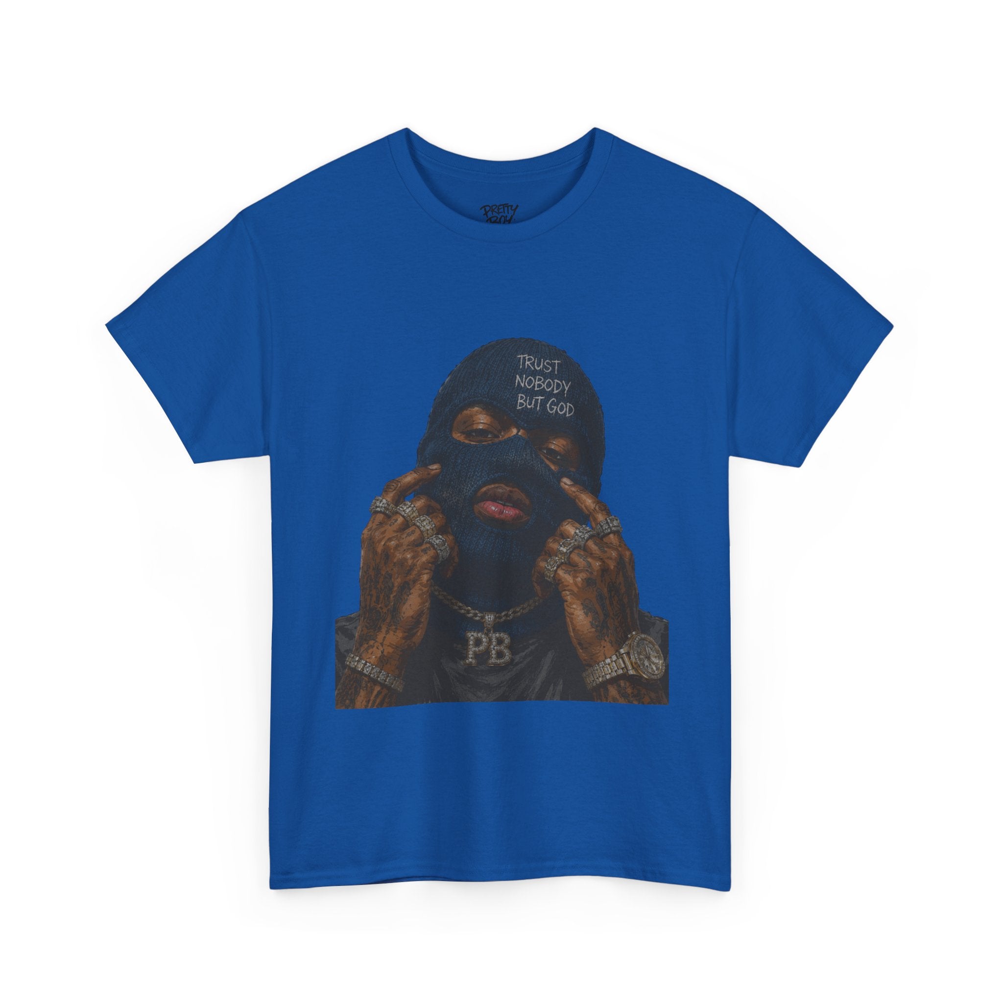 Graphic Tee — Masked Portrait with 'PB' Tattoo Streetwear